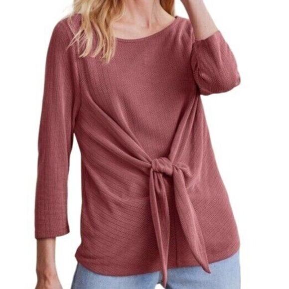 Soft Surroundings Corrie Top Women XL Pink Ribbed Knit Front Knot 3/4 Blouse NEW - Picture 1 of 16